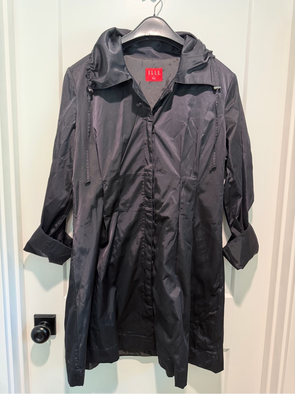 ELLE Black Satin Sheen Hooded Trench Coat Jacket Size L Lightweight Longline - Picture 3 of 9